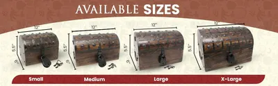 Shows exact dimensions of each treasure chest size so shoppers can confirm which size fits their needs. Clear measurement arrows reduce uncertainty before purchase. Presents the full lineup of…
