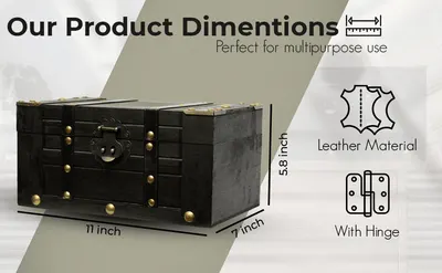 Shows the exact physical dimensions of the treasure chest so shoppers can judge its size before buying. Icons for leather material and hinge also reassure buyers about build quality. Highlights…
