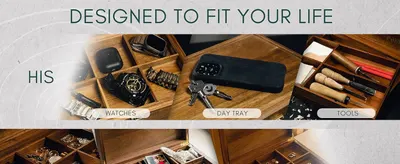 Shows the wooden organizer across several everyday use areas for watches, day tray items, and tools so shoppers see how it fits their daily life. Reinforces versatility and a tidy, designed storage…