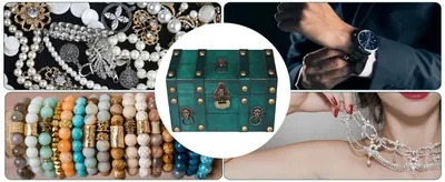 Shows the jewelry box surrounded by pearls, bracelets, watches, and necklaces to suggest it is a stylish home for valuables. The lifestyle imagery helps shoppers picture organizing their own jewelry…