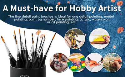 Shows the brushes working across many hobby art scenarios so shoppers see the set suits a wide range of painting projects. Highlights the fine detail brush set as ideal for many painting styles,…