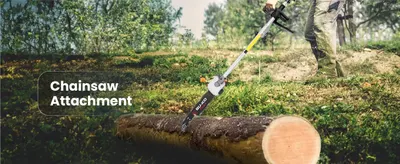 Shows the chainsaw attachment cutting a log to communicate that this accessory handles light cutting tasks.