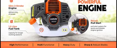 Highlights several key selling points of the engine including power, fuel capacity, easy pull start, and durable blades to help shoppers see the tool is powerful and dependable. Shows safety warning…