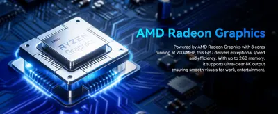 Communicates that the Radeon graphics deliver fast visuals and 8K output for work and entertainment.
