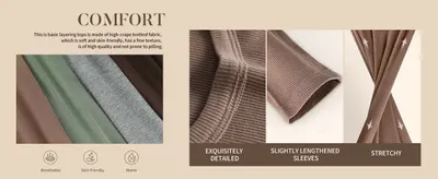 Shows several fabric and fit benefits in segmented panels so shoppers understand the top is soft, comfortable, detailed, stretchy and suitable for layering in different temperatures.