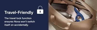 Communicates that the travel lock keeps the device from switching on accidentally in a bag, giving shoppers confidence for travel. Shows the product packed in a travel bag among everyday items to…
