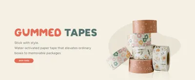 Highlights water-activated paper tape that makes ordinary boxes look memorable with stylish patterns to help shoppers see the core benefit.