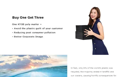 Positions the recyclable KTOB poly mailer as an environmentally responsible choice that reduces post consumer plastic pollution and eases shopper guilt about plastic waste. Lists several benefits of…
