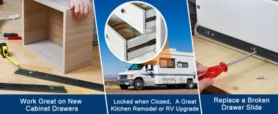 Shows multiple use cases for the drawer slides including new cabinet builds, kitchen remodels, RV upgrades, and replacing broken slides to help shoppers see the range of projects they suit.…