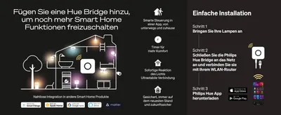 Highlights several Hue Bridge benefits including app control from anywhere, timers, fast light response, stable connection and compatibility with other smart home ecosystems to show the bridge…