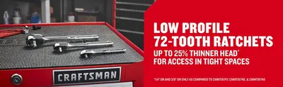 Highlights multiple key features of the ratchet set, focusing on the low profile design and 72-tooth mechanism to communicate versatility and ease of use in tight spaces.