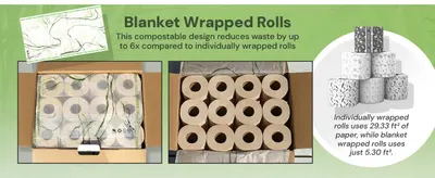 Shows how the toilet paper rolls are packaged and delivered, highlighting the eco-friendly blanket wrap design that reduces packaging waste. Communicates the quantifiable benefit of reduced…