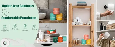 Highlights multiple eco-friendly features and benefits of the toilet paper product, including being tree-free, super absorbent, FSC certified, and strong.