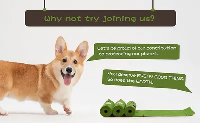 Communicates the brand's commitment to environmental protection and encourages customers to join their eco-friendly mission. Showcases how using the product (likely eco-friendly dog waste bags)…