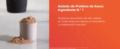 Highlights that whey protein isolate is the number one ingredient, emphasizing 24 grams of high-quality protein per dose to support muscle growth and repair.