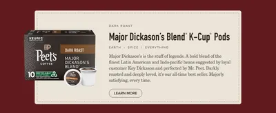 Highlights the signature dark roast coffee blend with brand storytelling to communicate quality, heritage, and taste characteristics to shoppers.