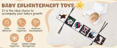 Showcases multiple developmental benefits of the baby toy in an organized icon-based layout to help parents understand how the product supports their child's growth across cognitive, sensory, and…