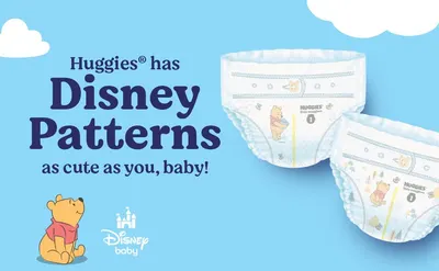 Highlights the exclusive Disney Winnie the Pooh patterns on Huggies diapers to appeal to parents looking for cute, branded baby products.