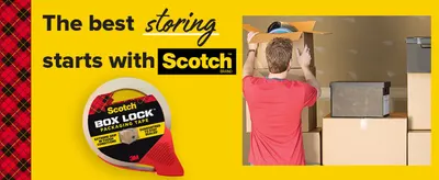 Demonstrates the product in a storage scenario, showing how Scotch Box Lock tape is ideal for packing and organizing boxes during storage.