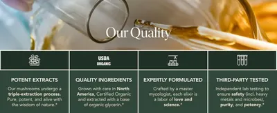 Showcases multiple quality and safety attributes in a segmented layout to reassure shoppers about ingredient sourcing, formulation expertise, and third-party testing. Highlights organic…