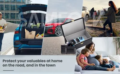 Demonstrates the product's versatility by showing it protecting valuables in multiple real-world scenarios: at home, on the road, and in town, helping shoppers understand its broad applicability.…