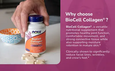 Communicates multiple distinct product benefits including joint function, comfortable movement, connective tissue support, and skin moisture retention to help shoppers understand the versatile value…