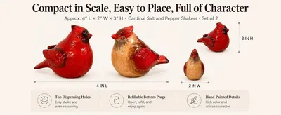 Communicates the compact physical size of the salt and pepper shakers using exact measurements and visual scale comparison to help shoppers understand how much space the product will occupy.…