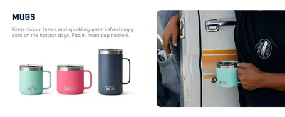 Showcases the brand's mug product line with multiple color options and lifestyle context to help shoppers understand the variety available and envision product use.