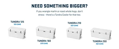 Displays the Tundra cooler product lineup with multiple size options to help shoppers choose the right model for their needs.
