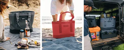 Demonstrates the product's versatility by showing it in three different real-world scenarios: beach picnic, casual outing, and vehicle cargo use.