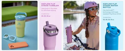 Presents two IceFlow Flip Straw product options side by side so shoppers can compare and choose the right format. Highlights the specific sipping feature of each featured product to reinforce its…