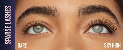 Shows bare sparse lashes beside Sky High lashes to prove the mascara fills out thin lashes. Reinforces one core claim that the mascara makes sparse lashes look full.