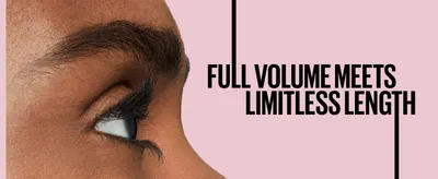 One lifestyle close-up and one headline promise full volume with limitless length. Shoppers see the core lash result at a glance.