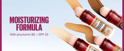 Highlights the moisturizing formula with provitamin B5 and SPF 20 to show skincare benefits in a foundation.