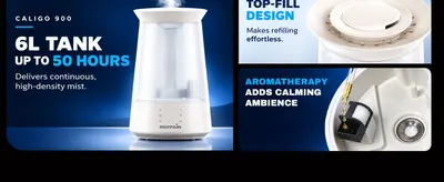 Highlights the large 6L capacity and up to 50 hours of continuous runtime so shoppers see long-lasting humidification at a glance. Shows several practical benefits in segmented panels, including…