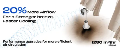 Hmm Highlights the 20 percent airflow increase for faster cooling and stronger breeze.