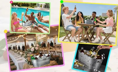 Shows the beer in relaxed social settings like poolside, backyard, and weddings so shoppers can picture it at their own gatherings. Not applicable.