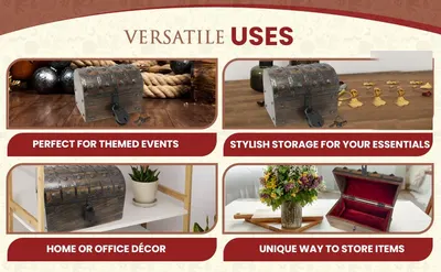 Shows the treasure chest used across multiple scenarios including themed events, storage, home decor, and unique item storage to help shoppers see its versatility. Presents four segmented use-case…