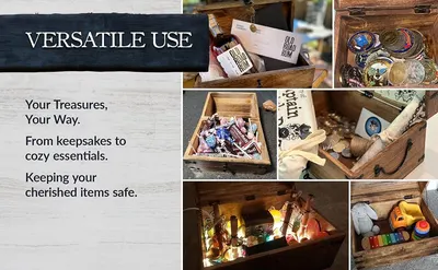Shows the wooden storage chest used in many different scenarios, from keepsakes and coins to snacks, bar items, and kids toys, so shoppers see its versatility for their own needs. Reinforces one…