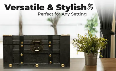 Highlights that the wooden chest is both versatile and stylish and suits any setting, reassuring shoppers it will fit their home decor. Shows the vintage-style chest on a wooden table beside a plant…