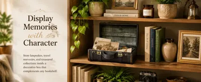 Shows the box as an attractive bookshelf piece that stores travel souvenirs and treasured collections.