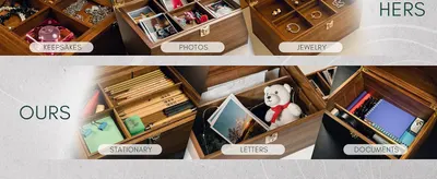 Shows the wooden keepsake boxes filled with personal items in a real home setting to help shoppers picture the product holding their own memories. Uses a HERS and OURS framing to present a…