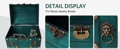 Shows close-up views of the box latch, lion head knocker, and interior finish to reassure shoppers about the quality and craftsmanship of the physical hardware. Divides the module into separate…