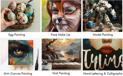 Shows the wide range of painting uses from eggs and faces to models, canvases, walls, and lettering so shoppers see the paint set is versatile across many creative projects.