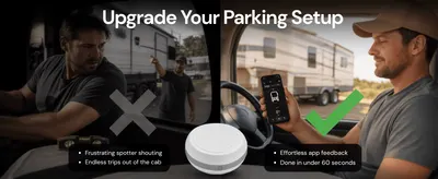 Contrasts the frustrating spotter-based RV parking method with the effortless app-guided experience to show shoppers the product saves time and removes stress. Highlights app feedback and under 60…