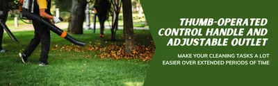 Highlights the thumb-operated control handle and adjustable outlet as one key benefit that makes cleaning tasks easier over extended periods of time.