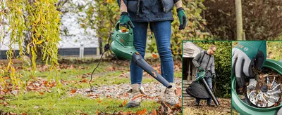 Demonstrates multiple uses of the blower across blowing, bagging, and shredding tasks to show the tool handles the full garden cleanup workflow. Uses segmented panels to highlight several benefits…
