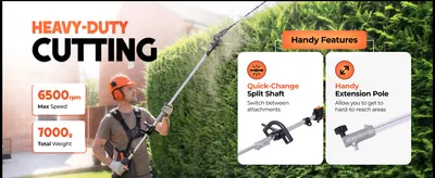 Shows several key specs and features of the pole hedge trimmer in segmented panels so shoppers can quickly see its power, build and reach advantages. Highlights the bold performance number of…