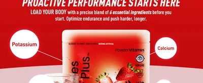 Shows several key ingredients in circular callouts around the product to communicate that the blend supports endurance and performance before exercise.