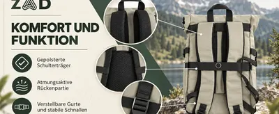 Uses zoomed circles pointing to physical back panel components to show how the backpack is padded and ventilated for comfort. Lists comfort and function benefits alongside zoomed views so shoppers…